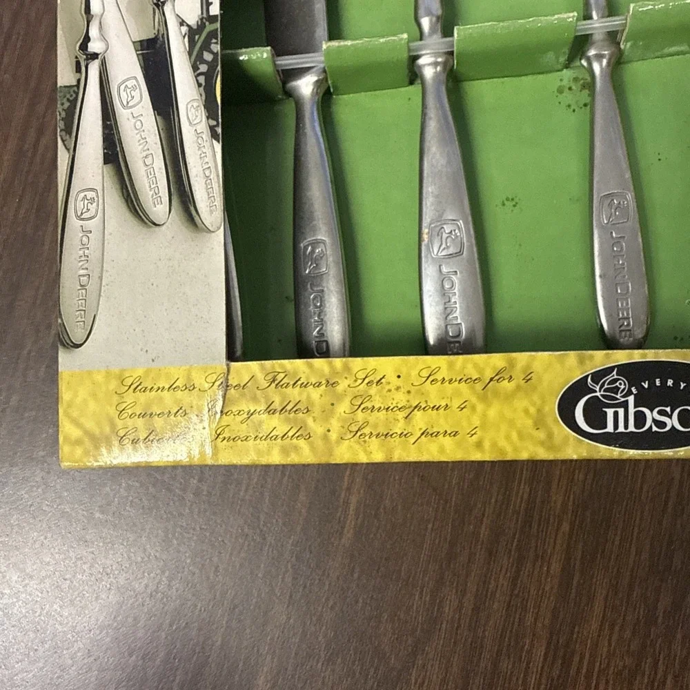 Gibson John Deere Engraved Stainless Flatware Set 16 pieces NOS-open box damaged